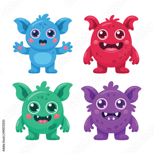 Εκτύπωση καμβά Monster family set with blue winged kid, red horned friend, pink spiky pal, Halloween poster, children sticker, playful character vector