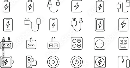 Battery Charging and Power Supply Outline Icon Set for Technology Design
