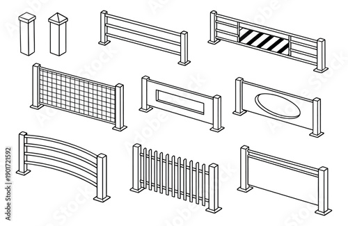 Isometric line art fences and barriers set featuring a variety of designs including construction barriers, security fences, and decorative railings for architectural planning and urban design