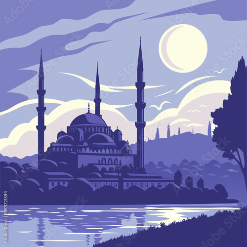 Mosque skyline with minarets under moonlit dusk purple
