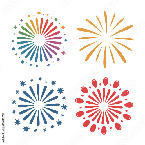 Star ring fireworks and dotted bursts, national day promotion, backyard barbecue flyer, dusk viewing session, neighborhood block party celebration