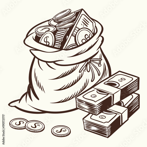 Brown of money bag with coins and stacked bills brown wealth