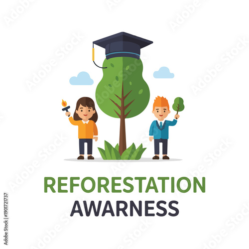 Cartoon illustration of students promoting tree planting