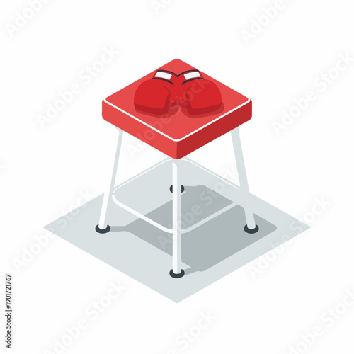 Isometric Flat Design Boxing Ring Corner Stool with Red Punching Gloves Illustration Graphic