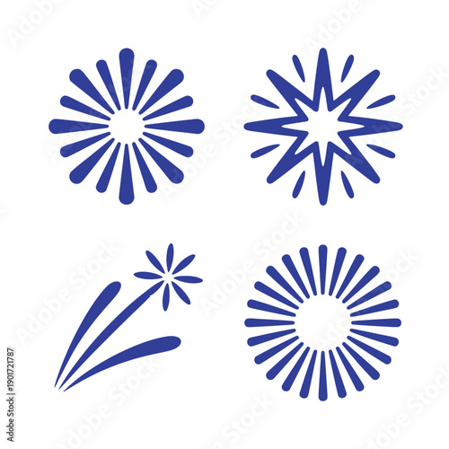 Monochrome blue fireworks burst icons for new year celebration, independence day parade, summer festival night show session, party graphics