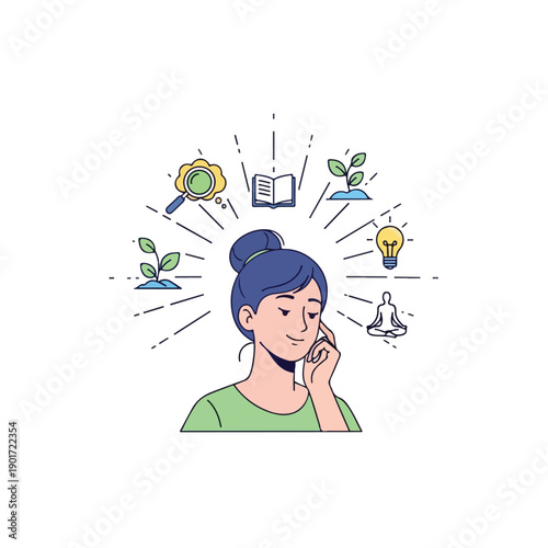 A woman with a thoughtful expression surrounded by symbolic icons