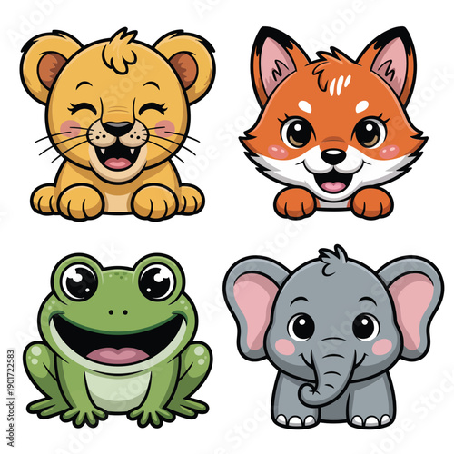 Cute animal face set for kids birthday party, lion fox frog elephant mascots, classroom craft session graphics, nursery celebration vector