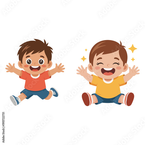 Happy kids jumping vector illustration, cheerful boys playing, childrens day celebration, preschool activity poster, cute character clipart, fun design