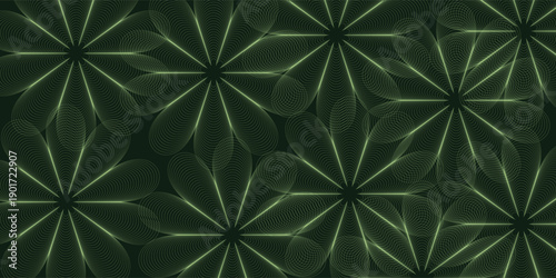 Abstract Green Floral Pattern with Geometric Petals and Luminous Lines.