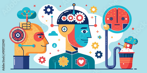 A set of cartoon-style vector illustrations. A human hand inserts mechanisms into an artificial intelligence head. An open head with mechanisms.The theme is artificial intelligence training.