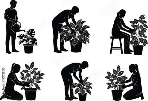 SILHOUETTE SET OF PEOPLE GARDENING AND CARING FOR HOUSEPLANTS, MEN AND WOMEN WATERING POTTER PLANTS, HORTICULTURE VECTOR ILLUSTRATION FOR ADOBE STOCK, BLACK WHITE