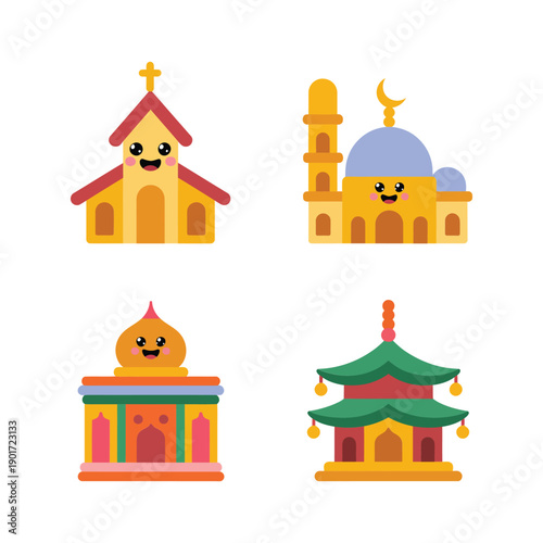 Cute temple buildings vector set with chapel, mosque dome, pagoda roof, smiling shrine, culture festival poster, classroom decor, travel icons