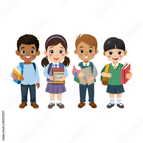 Kids are going back to school. Set of diverse little children of different ethnicity in uniform with bags and textbooks. Cartoon characters isolated on a white background vector illustration See Less
