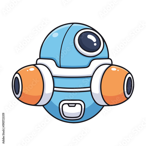 A cartoonish robot head with a large eye and orange side pods