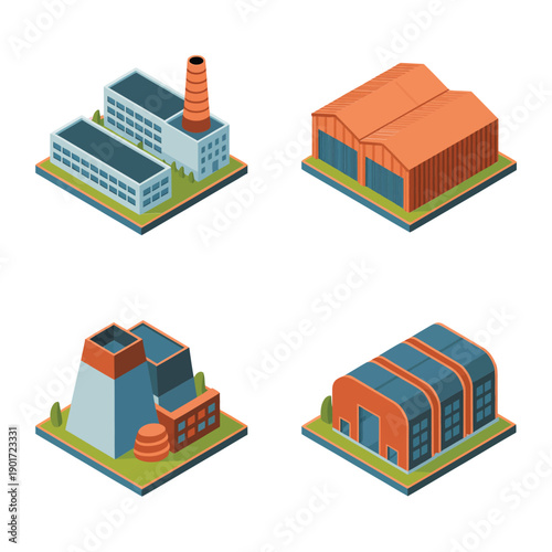 Manufacturing plant icons, assembly hall, power station, industrial warehouse, engineering expo poster, maintenance training session, factory tour vector design