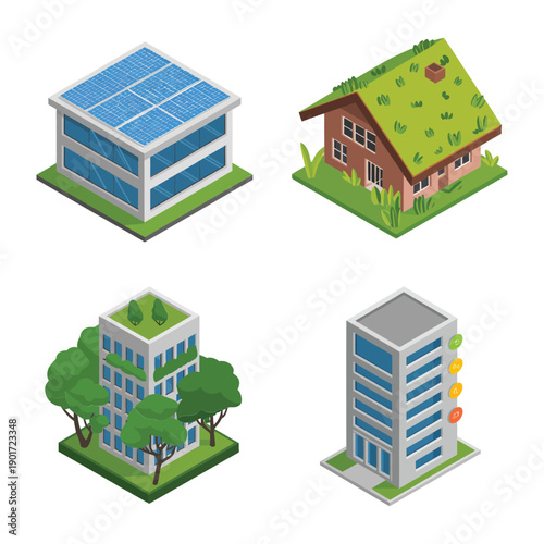Sustainable architecture icons, solar roof pavilion, green roof cottage, modern tower, climate action expo branding, energy retrofit session vector