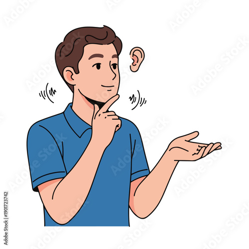 A man in blue shirt thinking with a floating ear