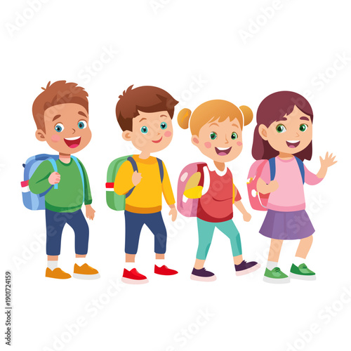 A set of Cheerful, Happy school kids with backpacks. Vector illustration in cartoon flat style