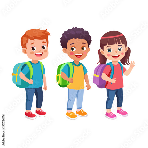 A set of Cheerful, Happy school kids with backpacks. Vector illustration in cartoon flat style