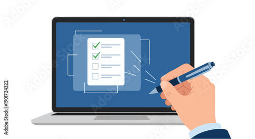 Hand using a pen to complete a digital checklist or online form on a laptop screen, symbolizing efficient electronic document submission and secure e-signature processes