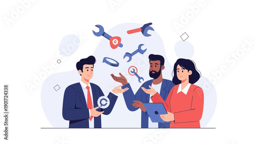 Teamwork brainstorms solutions, juggling tools and ideas for business success