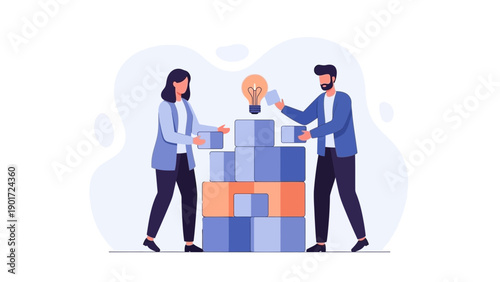 Teamwork building idea lightbulb collaboration strategy business concept illustration