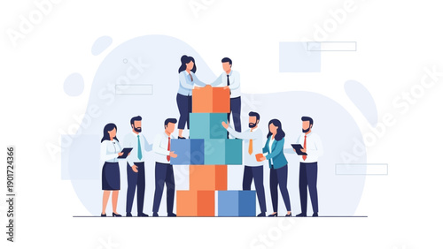 Teamwork building a tower of blocks, concept for collaboration and success