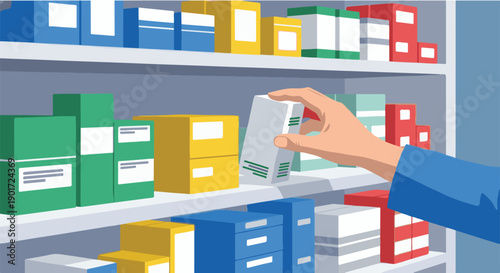 Hand reaching for a medicine box on a pharmacy shelf, symbolizing healthcare and medication selection