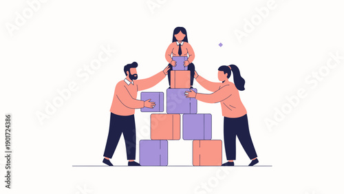 Teamwork building success, people stacking blocks with leader on top