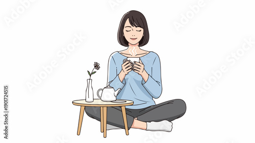 A woman sits cross-legged with a cup of tea