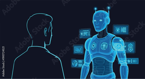 Advanced AI and Human-Robot Interaction. Digital illustration showcasing a human silhouette engaging with a futuristic robot amidst glowing data interfaces, symbolizing tech progress