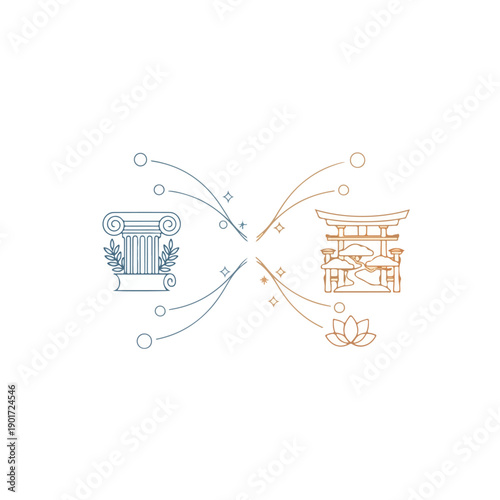 A stylized illustration of Eastern and Western architectural elements