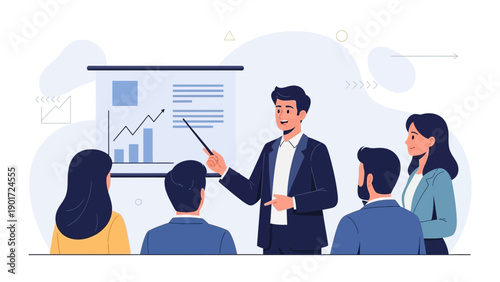 Business meeting, presentation with charts and graphs, team learning