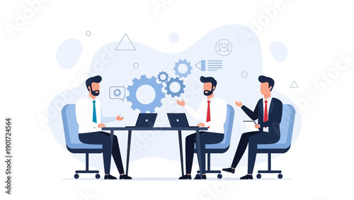 Business meeting, teamwork, collaboration, strategy, discussion, planning, office, startup, success, illustration