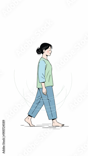 A woman walks barefoot