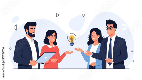 Business team brainstorming, lightbulb idea, collaboration, teamwork and innovation concept