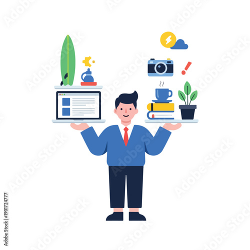A man balancing work and personal life with various objects