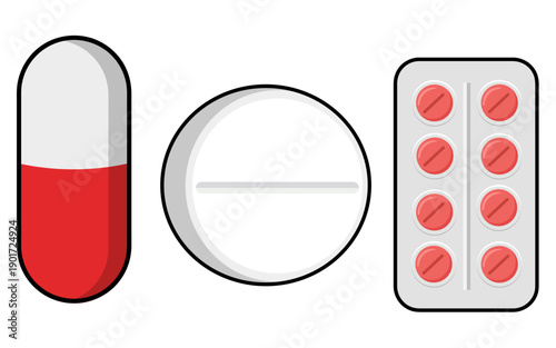 Medicine Icons Set Capsule Tablet and Blister Pack Vector Illustration