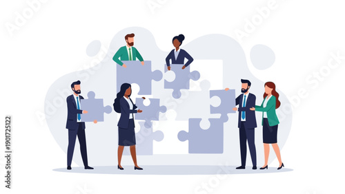 Diverse business team assembling puzzle pieces, teamwork and collaboration concept