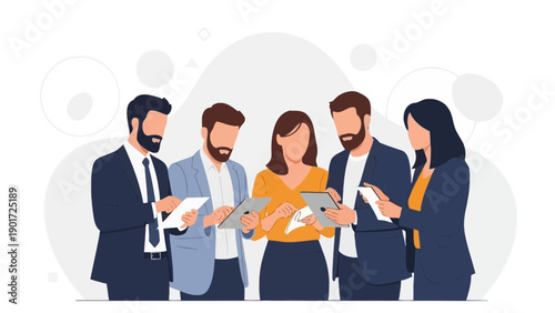 Diverse business team collaborating with tablets, modern workplace concept