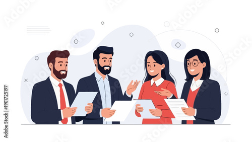 Diverse business team collaborating in a modern office, discussing strategy and planning.