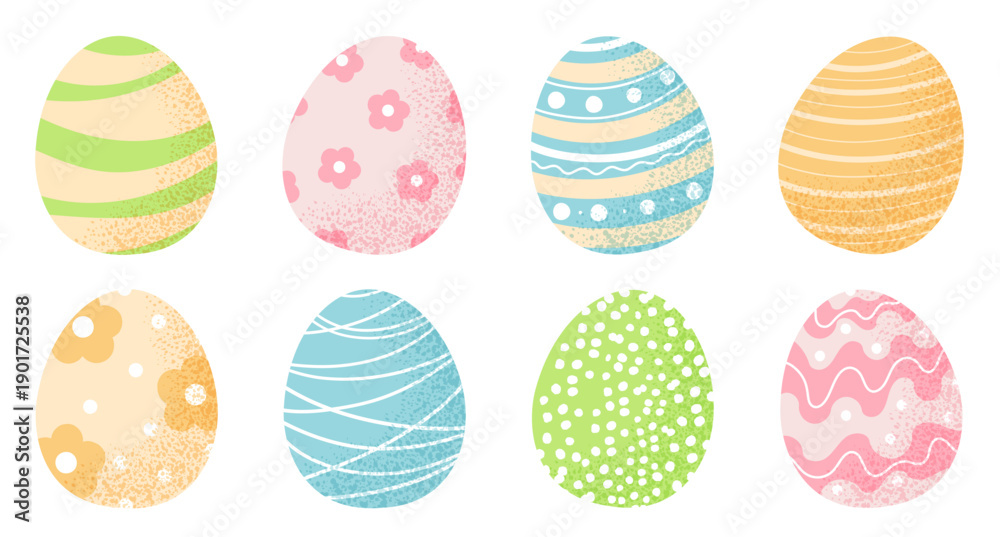 Fototapeta premium Hand Drawn Pastel Easter Eggs Collection, Cute Spring Holiday Elements with Patterns and Texture. Vector Illustrations
