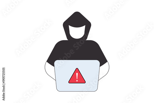 Hacker using laptop computer with alert sign on screen. Cybercrime warning, security threat illustration, digital risk online fraud concept.