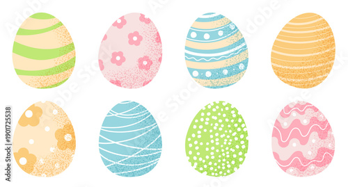Hand Drawn Pastel Easter Eggs Collection, Cute Spring Holiday Elements with Patterns and Texture. Vector Illustrations