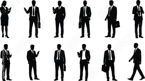 Silhouette set of professional business people in suits using smartphones, men and women talking and texting on mobile phones isolated on white, vector