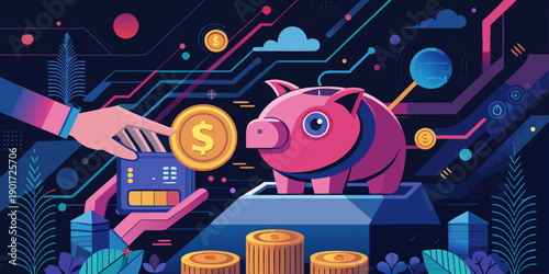 A hand inserts a coin into a futuristic digital piggy bank generative ai