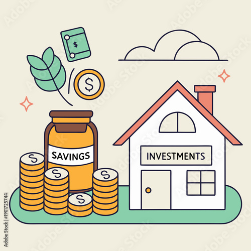 House with savings jar and growing coins investments