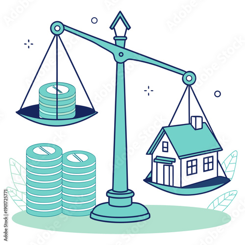 Balance scale with house and coins money