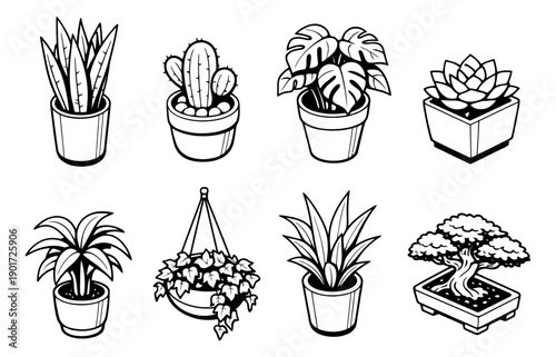 Hand drawn line art houseplant set featuring various potted indoor plants, succulents, and a bonsai for home decor
