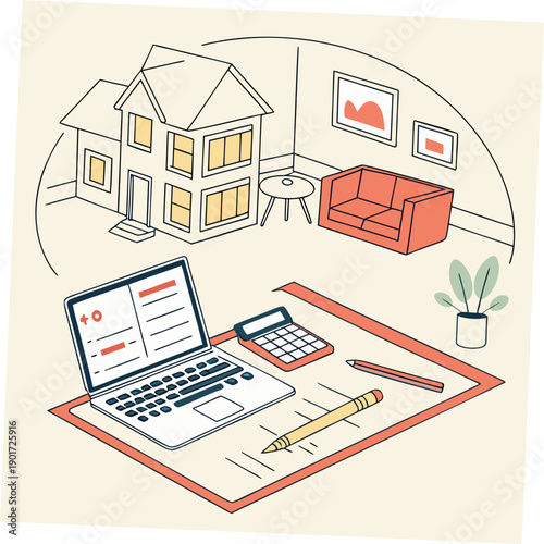 House planning with laptop calculator and pencils on a table